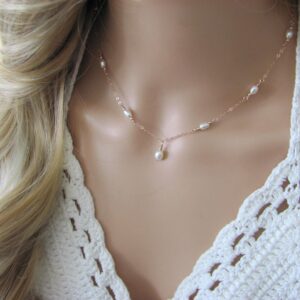 Delicate Pearl Station Necklace - Freshwater Pearl Wedding Jewelry - Rose Gold Bride Necklace
