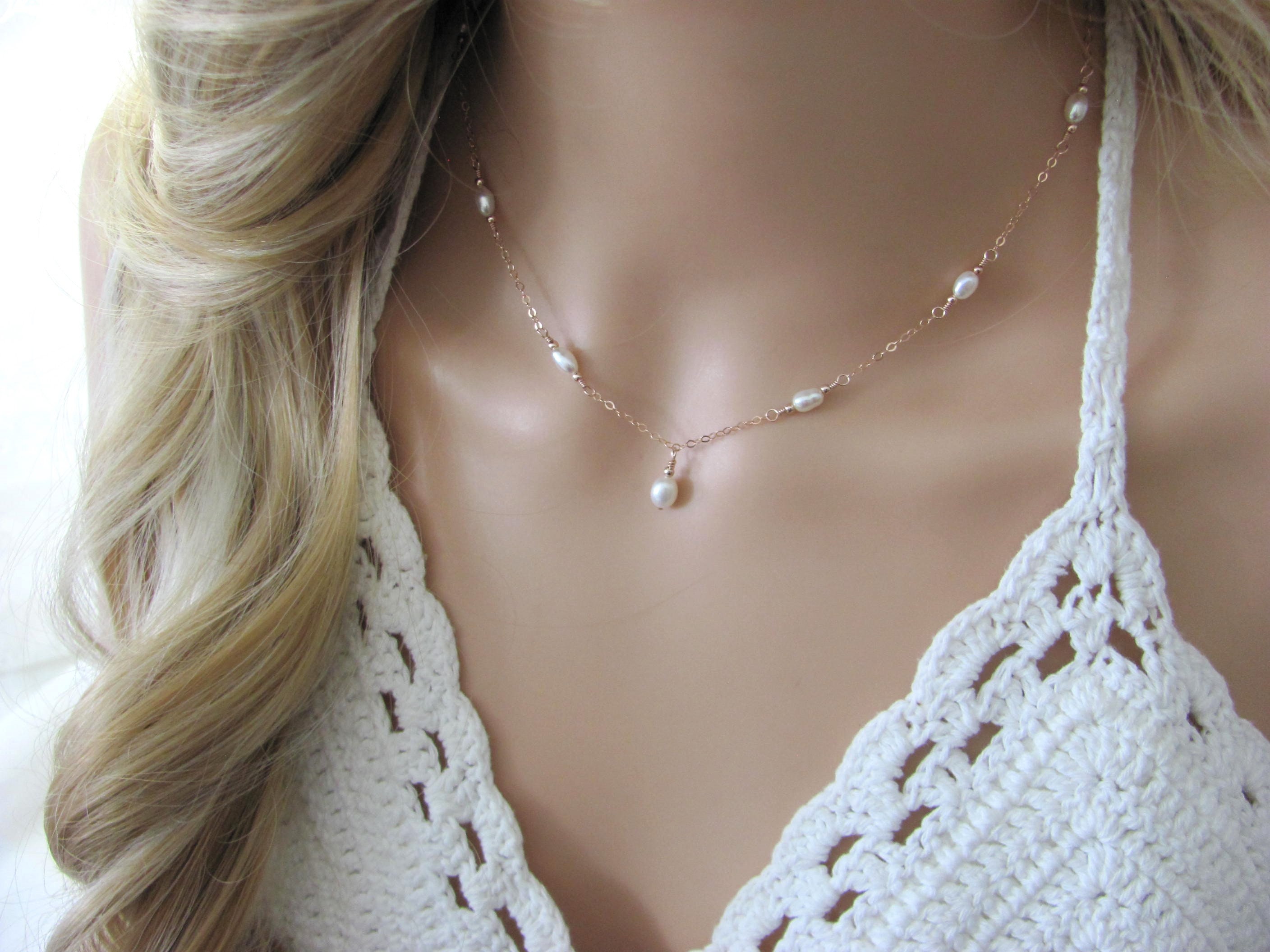 Delicate Pearl Station Necklace - Freshwater Pearl Wedding Jewelry - Rose Gold Bride Necklace
