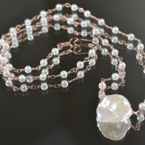 Delicate White Pearl Rosary Necklace In 14k Gold, Sterling Silver / / Natural, Freshwater Round Pearls / / June Birthstone / / Wedding Pearls