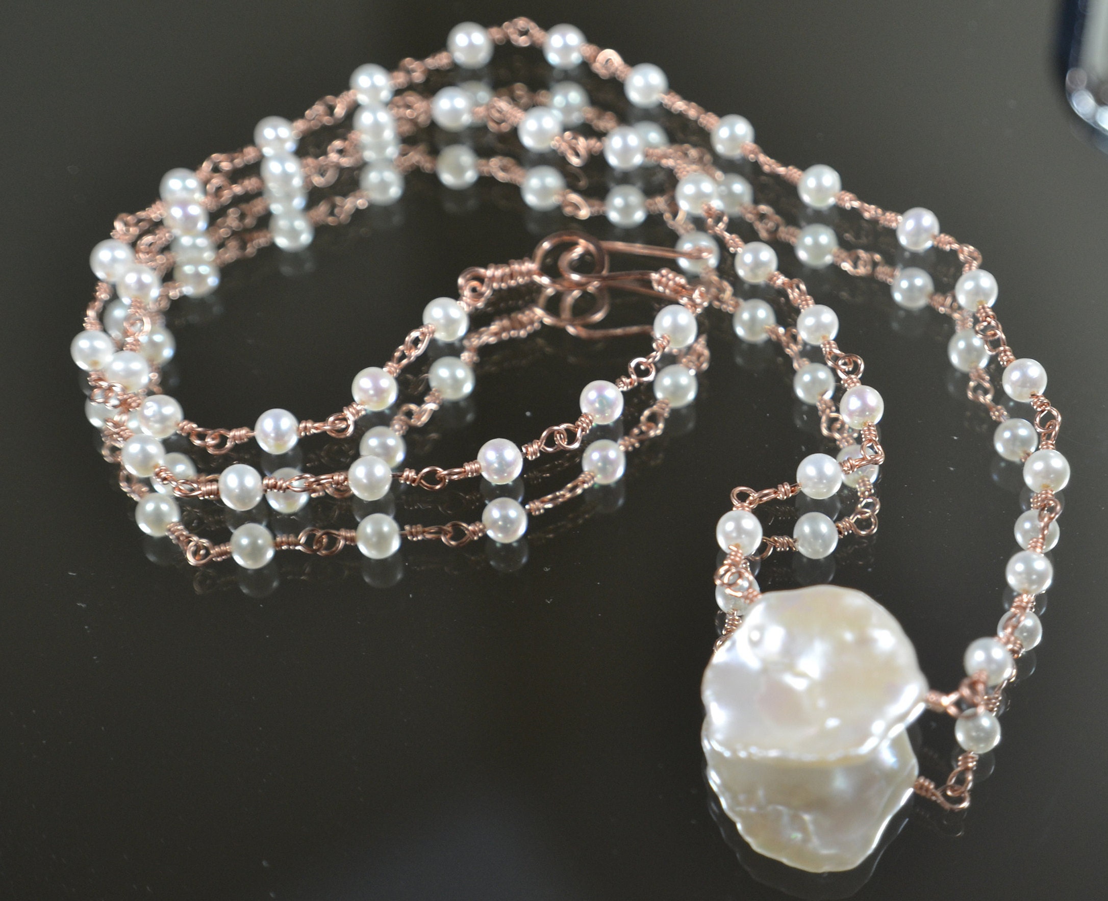Delicate White Pearl Rosary Necklace In 14k Gold, Sterling Silver // Natural, Freshwater Round Pearls // June Birthstone // Wedding Pearls
