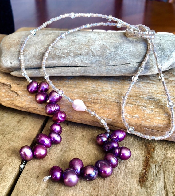 Freshwater Pearl Lariat Pink Lariat, Pearl Necklace, Purple Lariat Long Purple Pearls