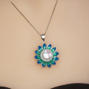 Genuine Freshwater Pearl Necklace - Sterling Silver Blue Lotus Flower Necklace 1105