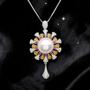 Genuine Large White Pearl Necklace, 18kgp @ Sterling Silver - Sunflower Sun Sunshine Style Fresh Water Pearl Jewelry #640