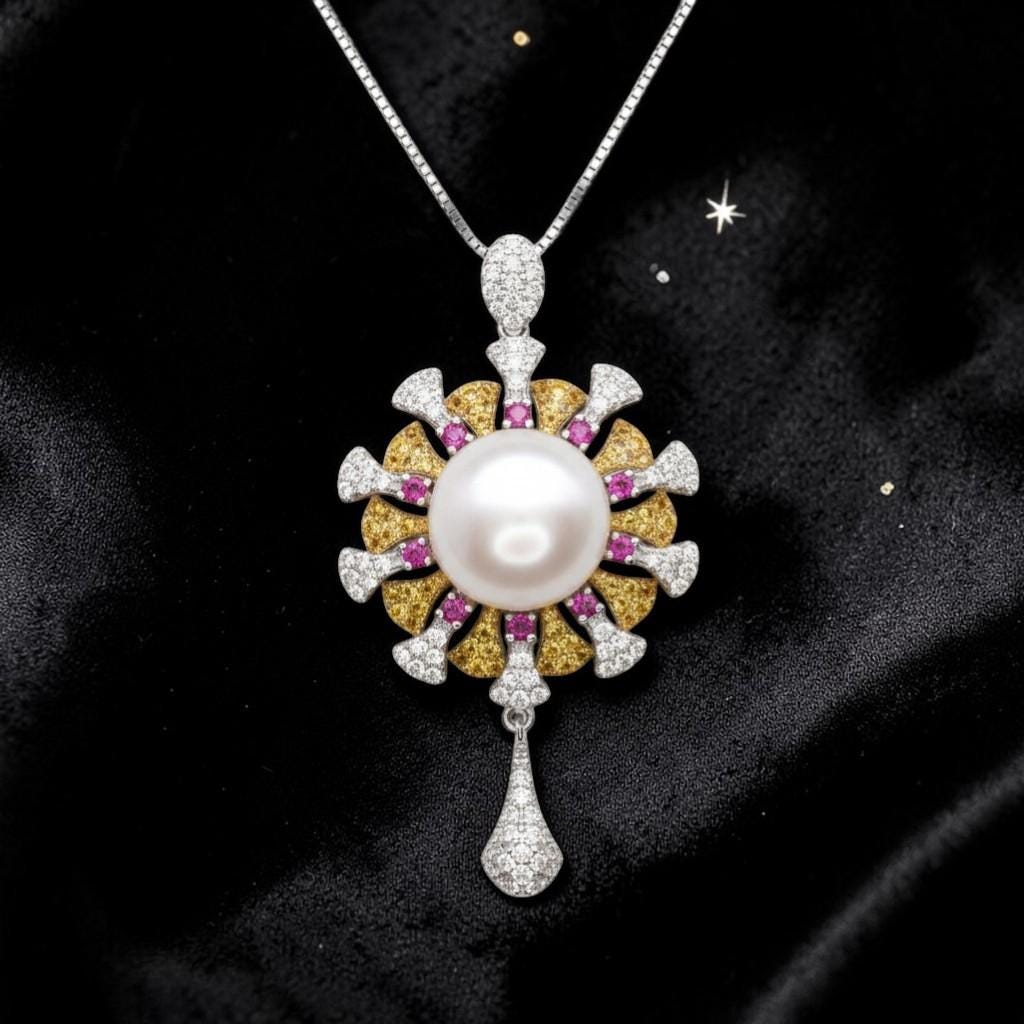 Genuine Large White Pearl Necklace, 18kgp @ Sterling Silver - Sunflower Sun Sunshine Style Fresh Water Pearl Jewelry #640