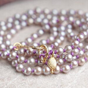 Gray Akoya Pearl Necklace: 18k Gold Clasp, Purple Silk Knotted