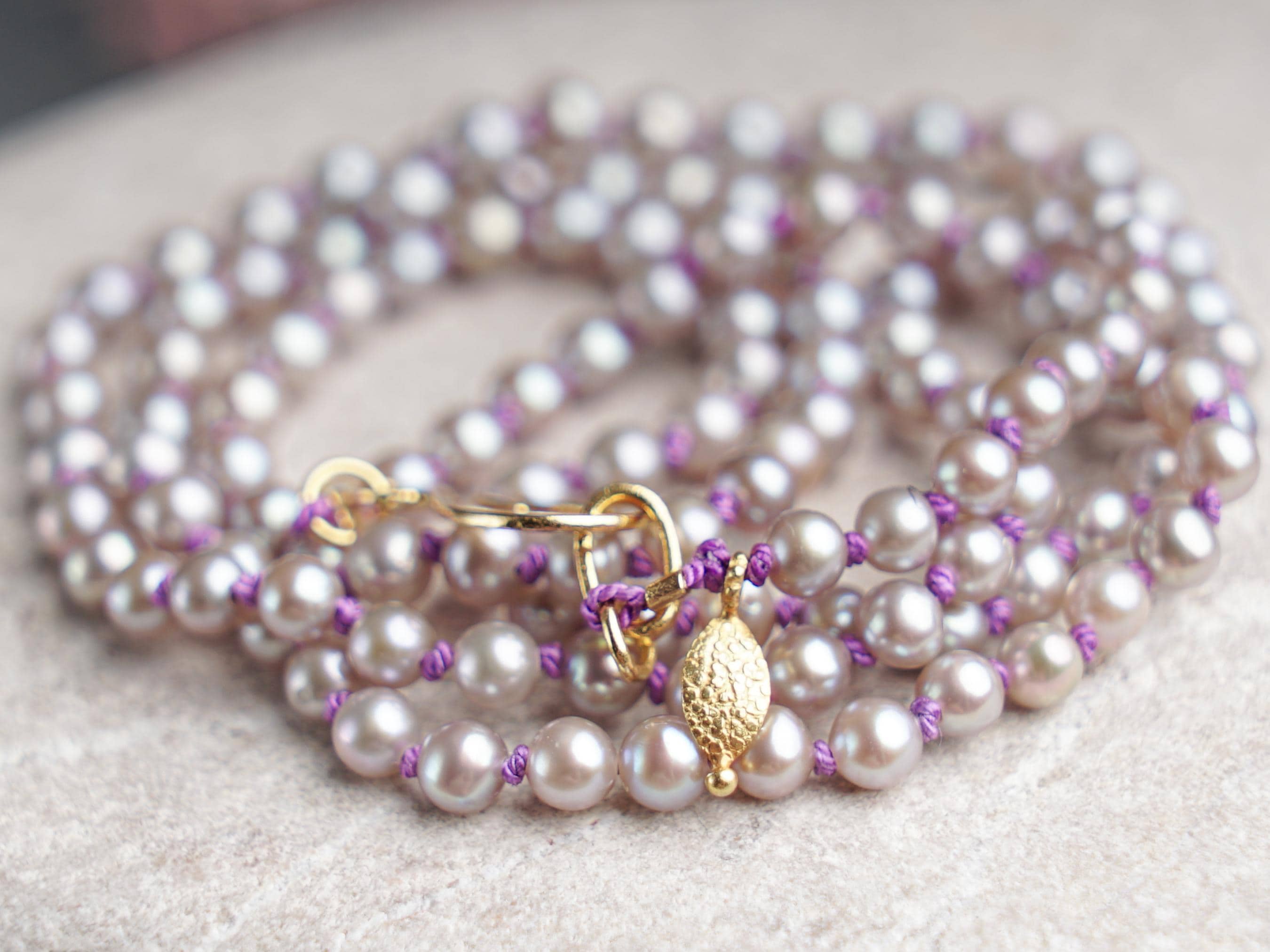 Gray Akoya Pearl Necklace: 18k Gold Clasp, Purple Silk Knotted