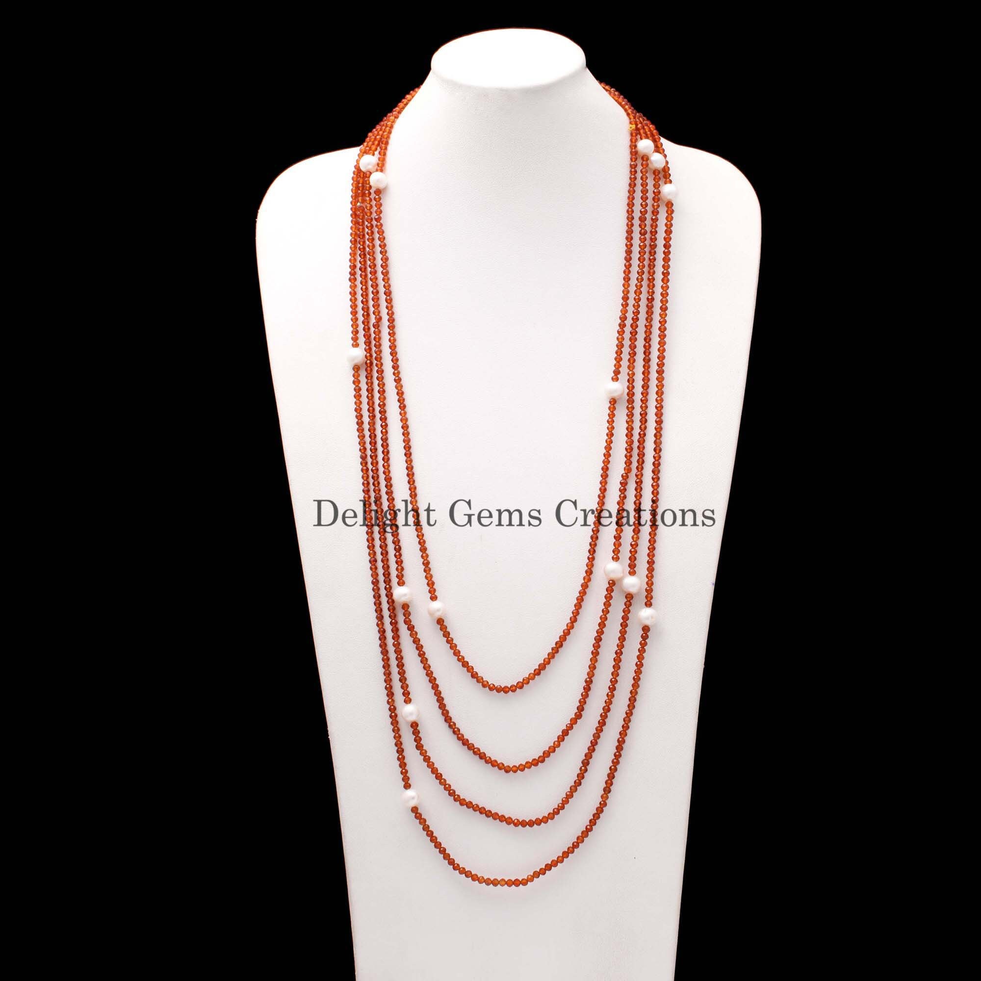 Natural Hessonite & Pearl Beaded Necklace, 100 Inch Gemstone Strand