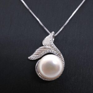 Natural White Pearl Necklace Sterling Silver, Large Freshwater Bridal Peal Jewelry Mermaid Fish Tail Jewelry 1097