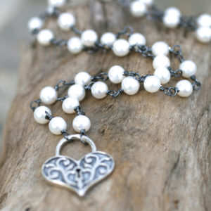 Oxidized Sterling Silver Heart Lock Necklace, White Freshwater Pearl Jewelry
