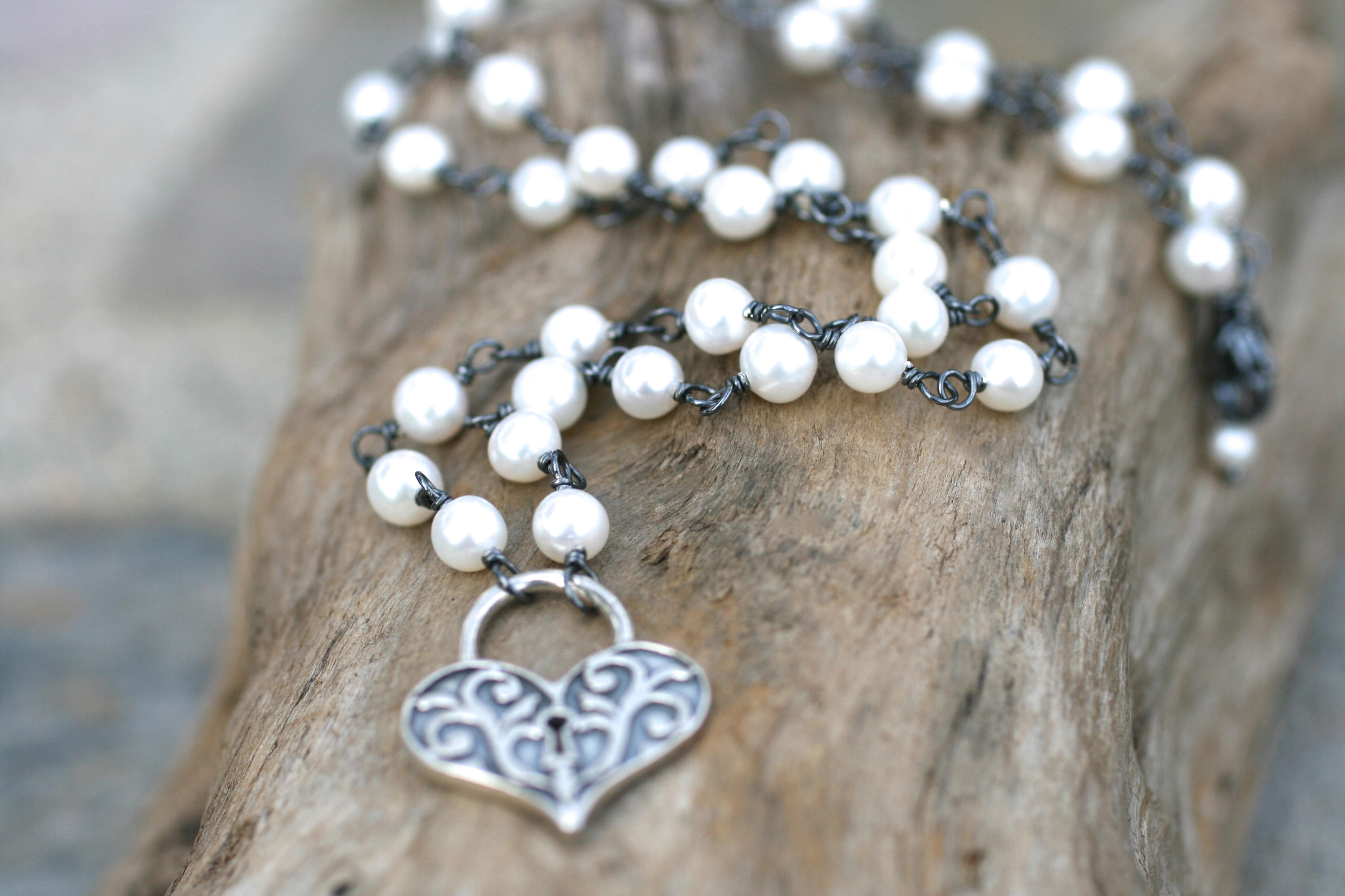 Oxidized Sterling Silver Heart Lock Necklace, White Freshwater Pearl Jewelry
