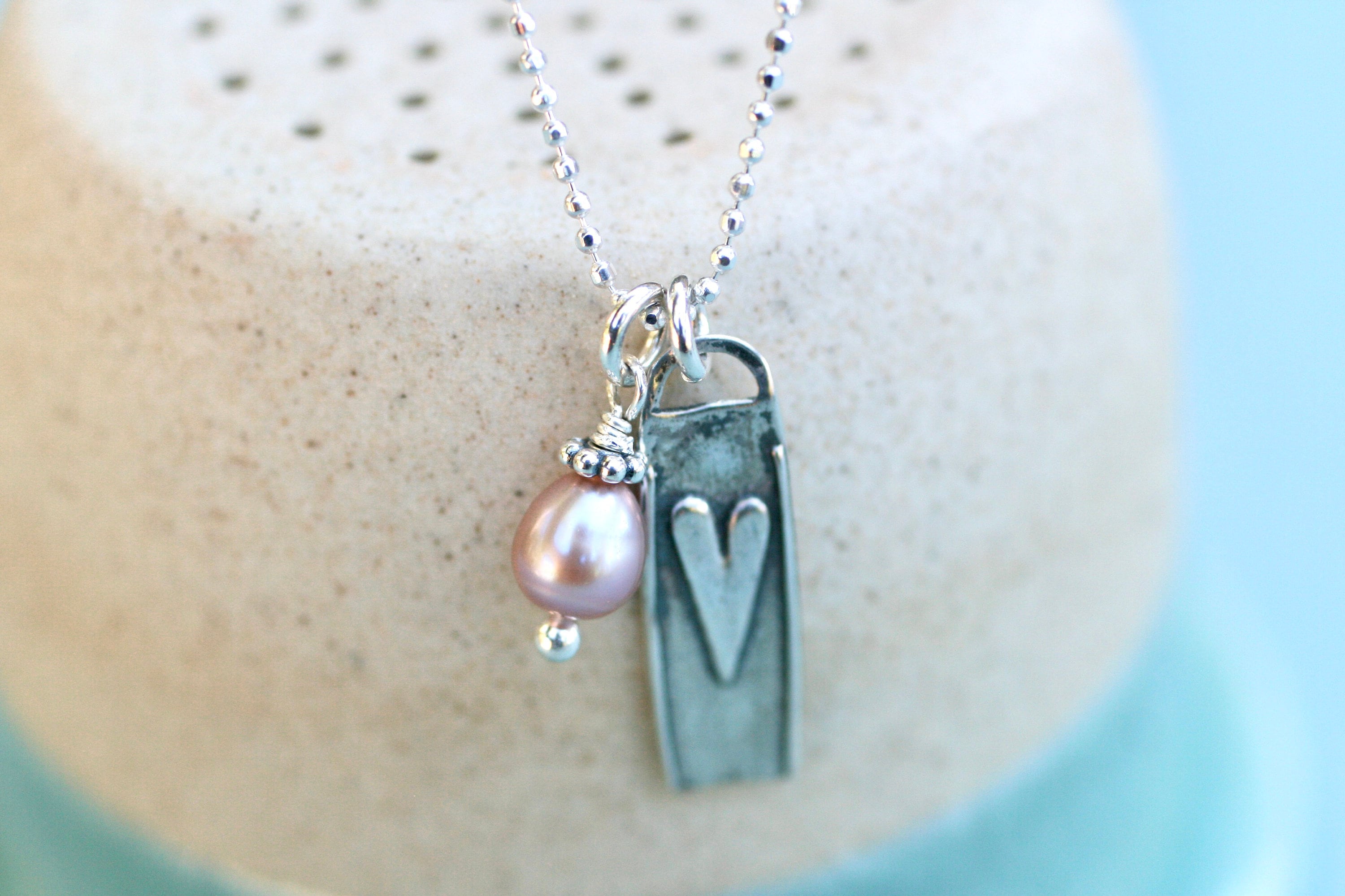 Pink Pearl Heart Necklace: Sterling Silver Charm, Valentine's Gift Pink Pearl Heart Necklace: Sterling Silver Charm, Valentine's Gift