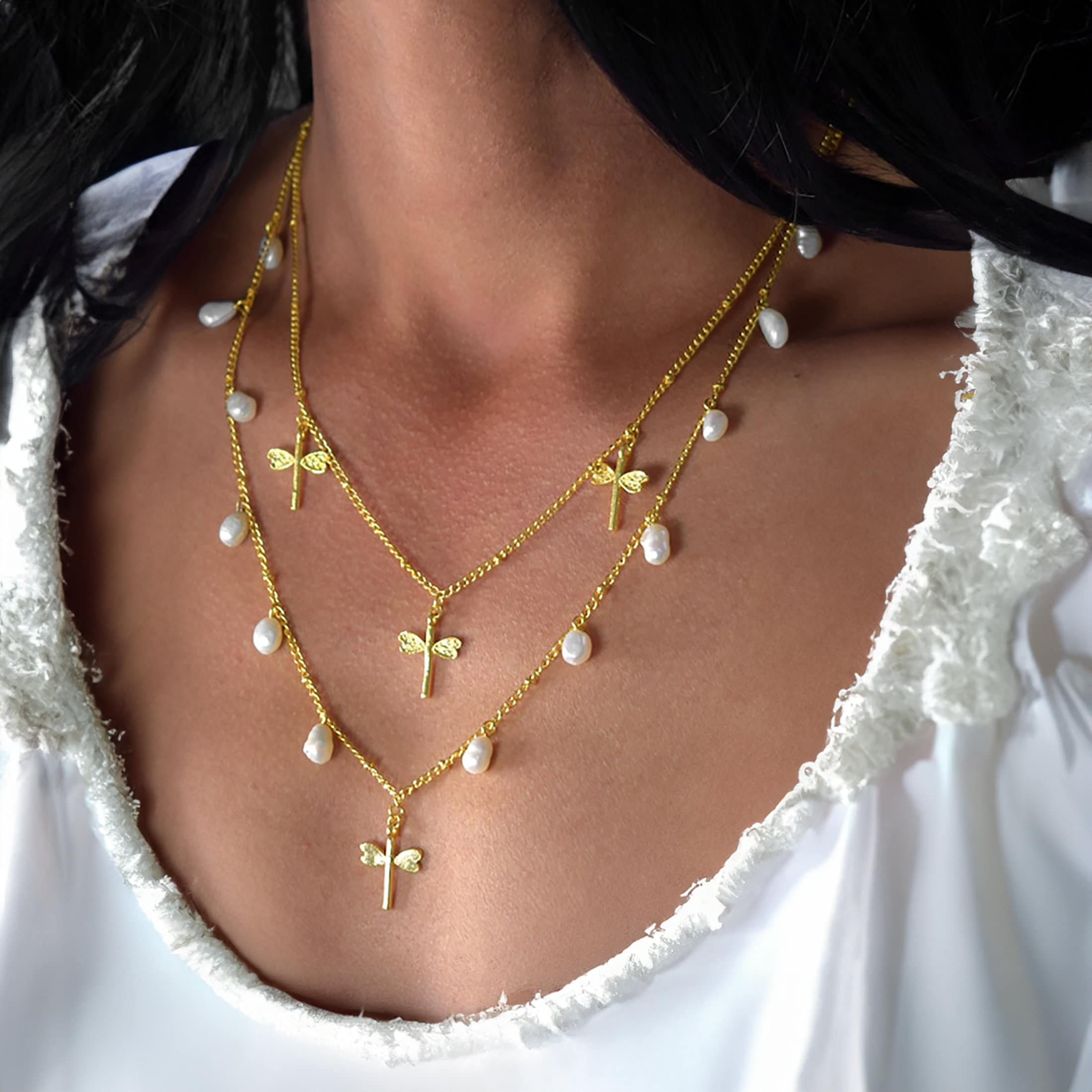 Real White Pearl Necklace Dragonfly Necklace Lariat Necklace Layered Chain Necklace Charms Necklace Christmas Gift Jewelry For Her