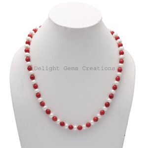 Red Coral Pearl Beaded Necklace, 18 inch