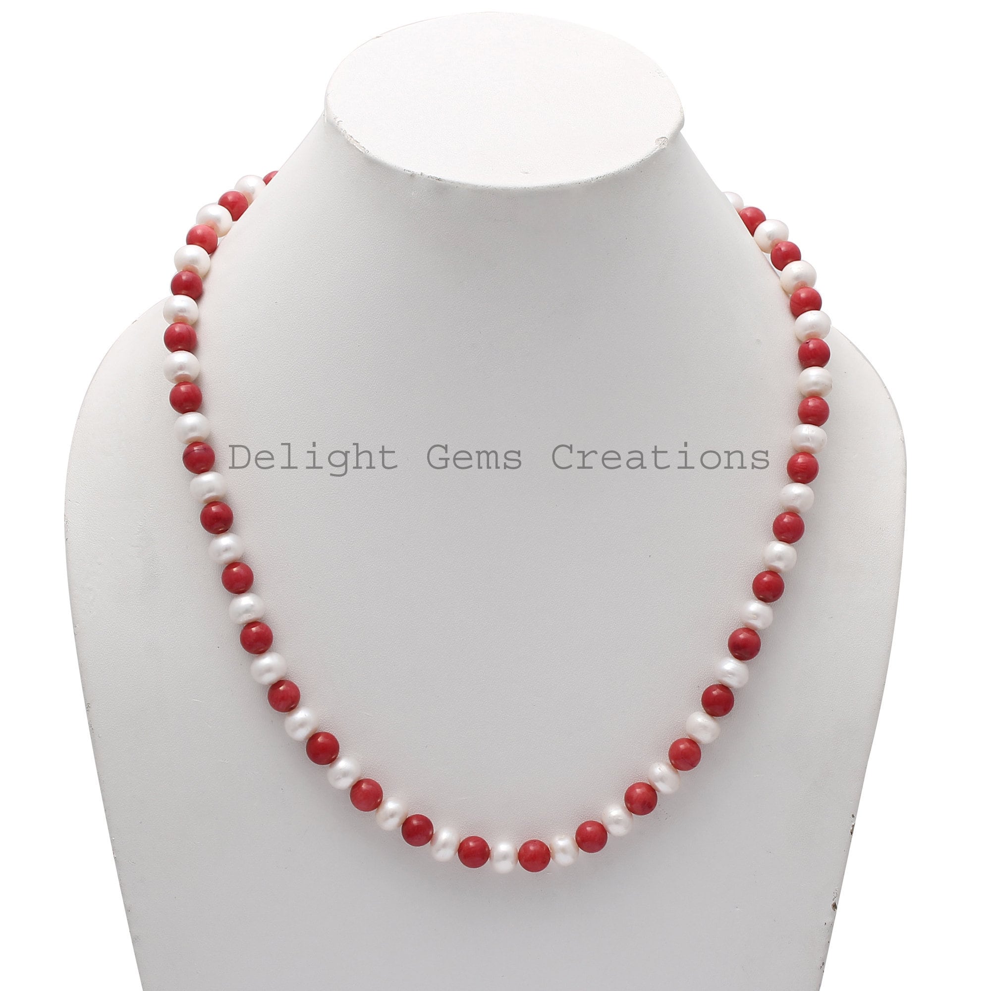 Red Coral Pearl Beaded Necklace, 18 Inch
