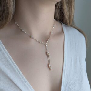 Sterling Silver Y-style Lariat Necklace With White Fresh Water Pearls On Chain