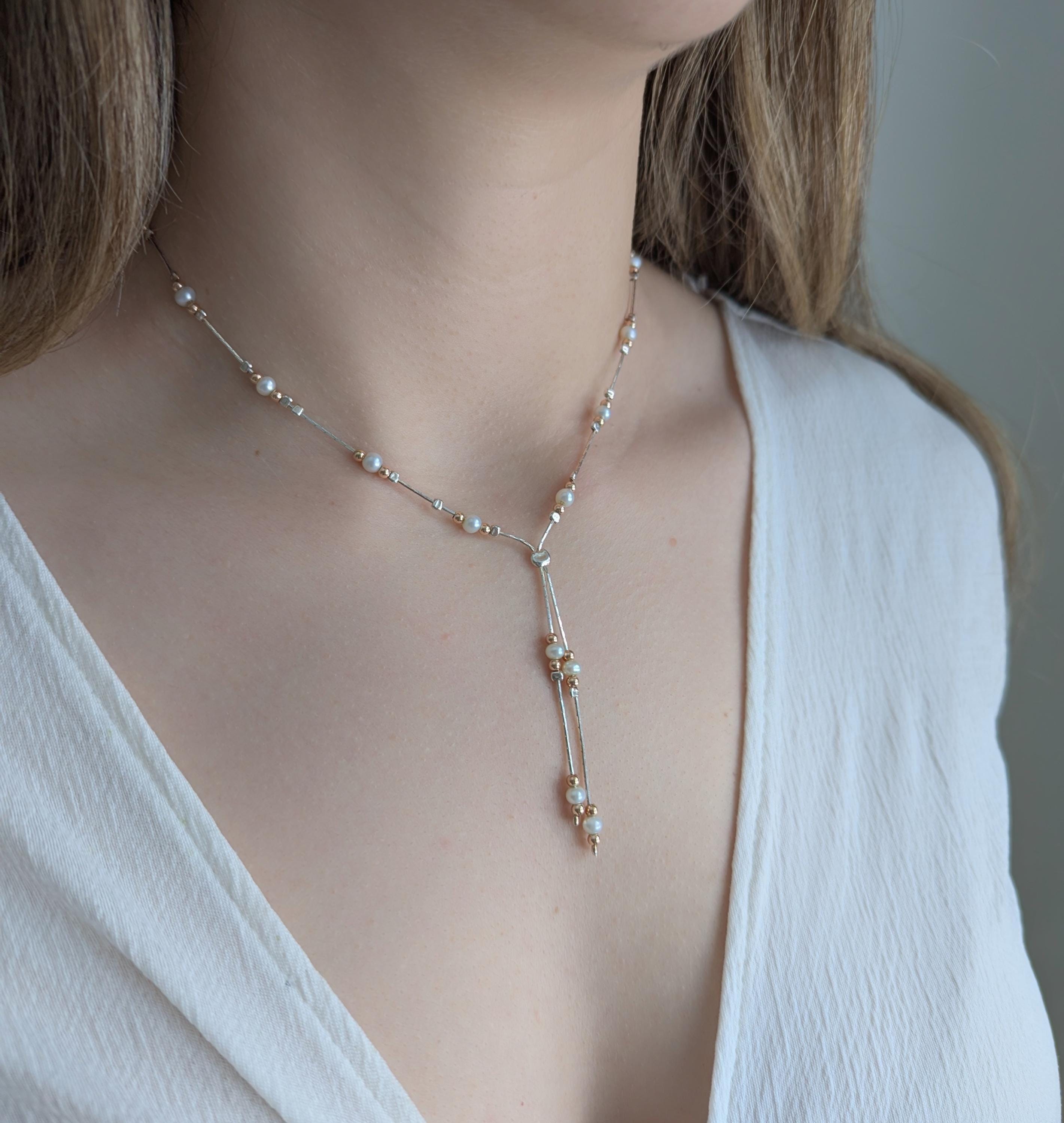 Sterling Silver Y-style Lariat Necklace With White Fresh Water Pearls On Chain