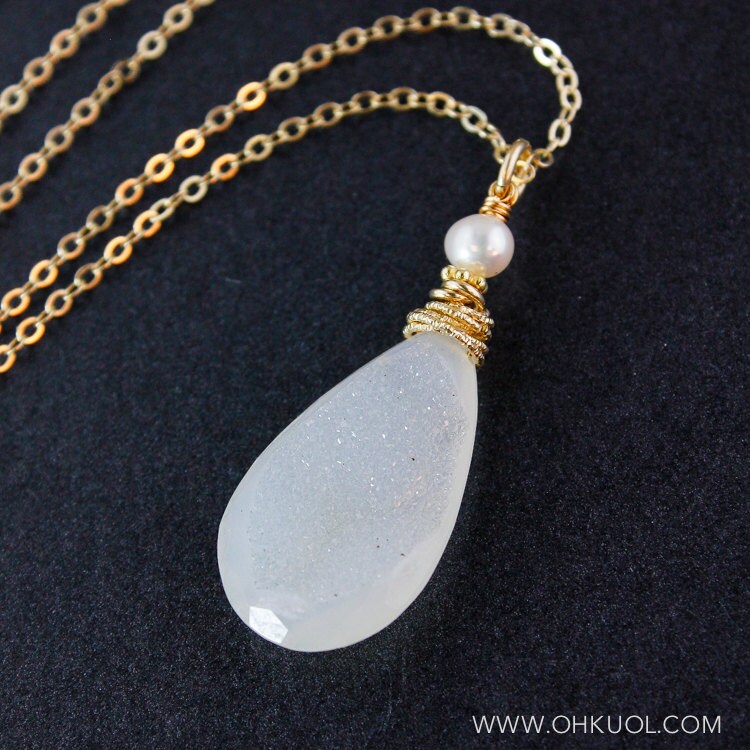 Teardrop Druzy Necklace: Freshwater Pearl, 14k Gold Fill