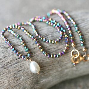 White Freshwater Pearl and Crystal Necklace: Multi Color Beaded Gemstone