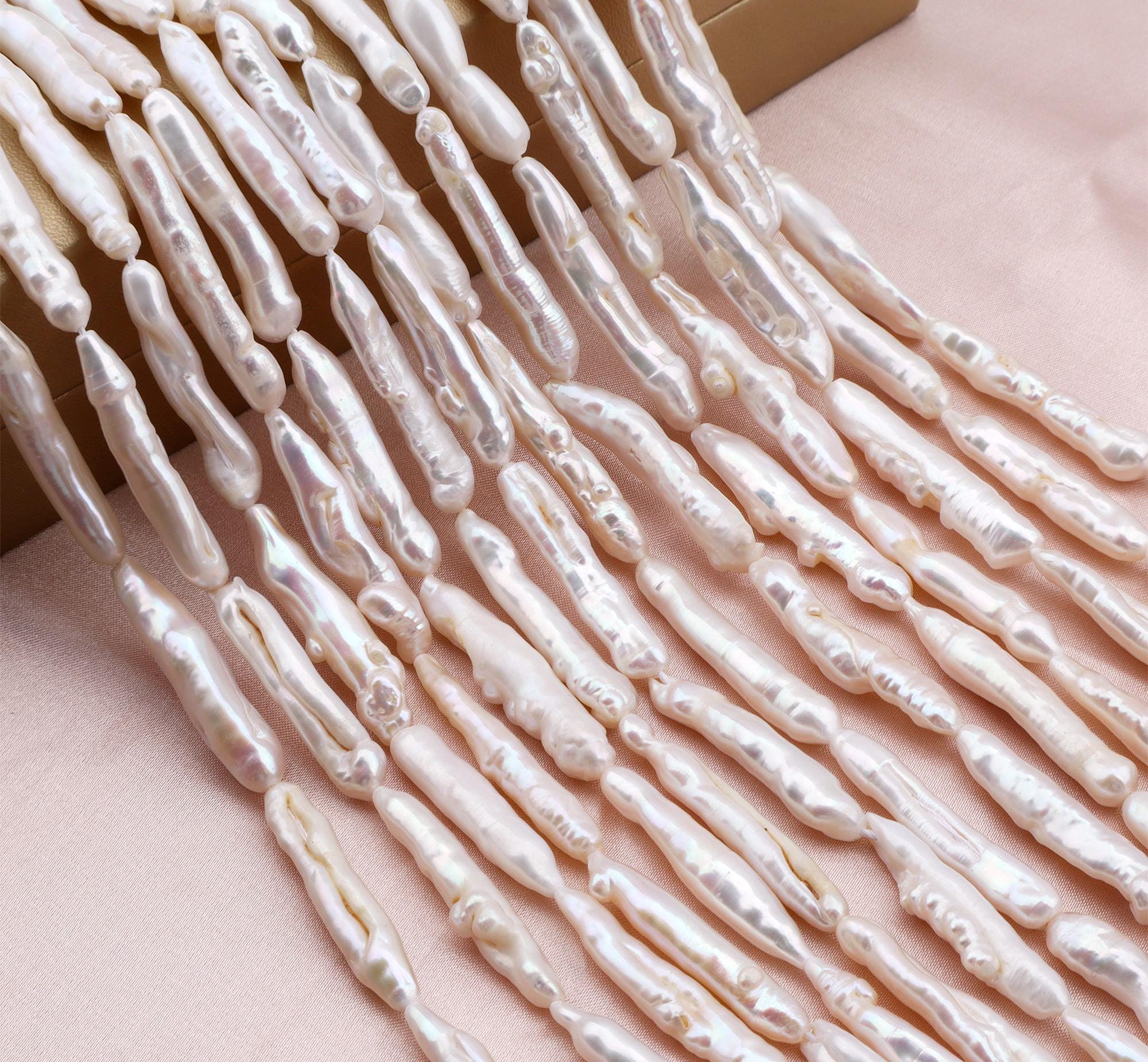 High Luster Biwa Freshwater Cultured Pearls,natural White Biwa Stick Pearl Beads,wedding Jewelry,wholesale-15.5inches-6-7x32-38mm-pb006-13