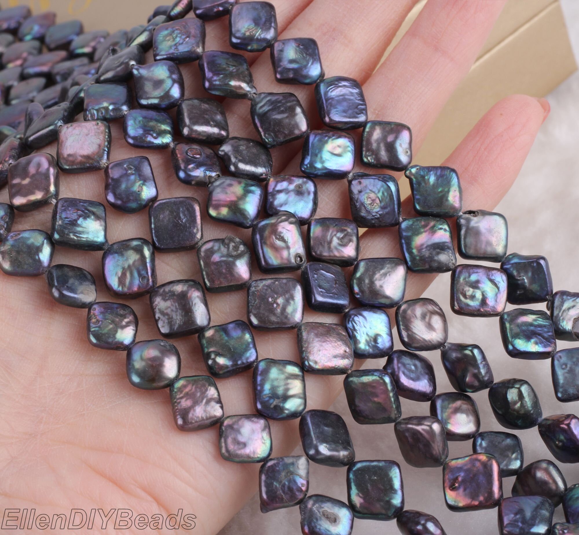 Peacock Black Freshwater Pearl Beads: 10x10mm Square Rhombus, 15.5" Strand