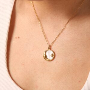18k Gold Plated Crescent Moon & Sunburst Necklace With Natural Mother-of-pearl Pendant