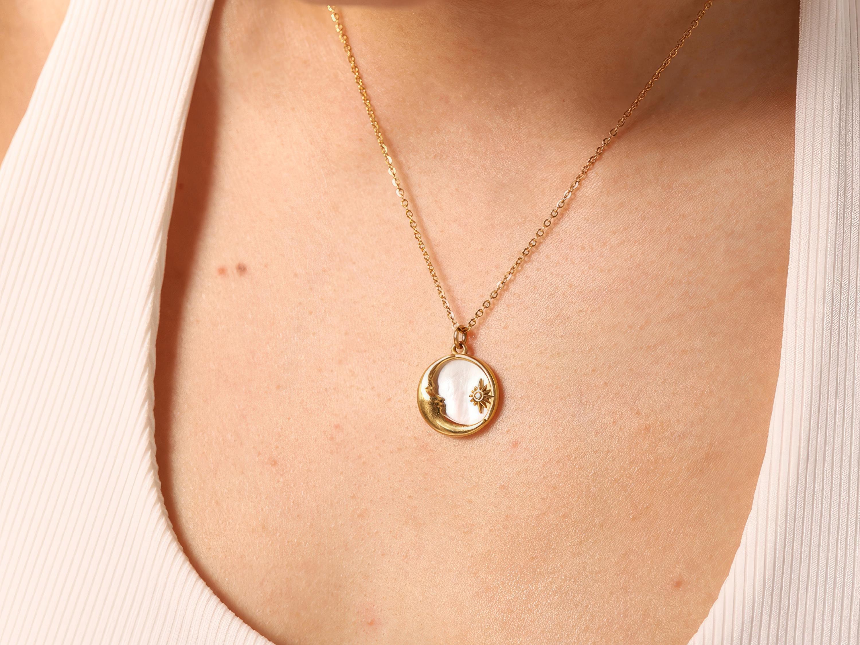 18k Gold Plated Crescent Moon & Sunburst Necklace With Natural Mother-of-pearl Pendant 18k Gold Plated Crescent Moon & Sunburst Necklace With Natural Mother-of-pearl Pendant