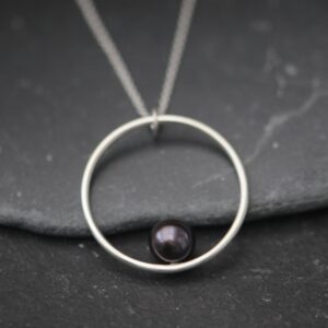 Black Pearl Hoop Necklace in Silver, Gift For Her Pearl Pendant