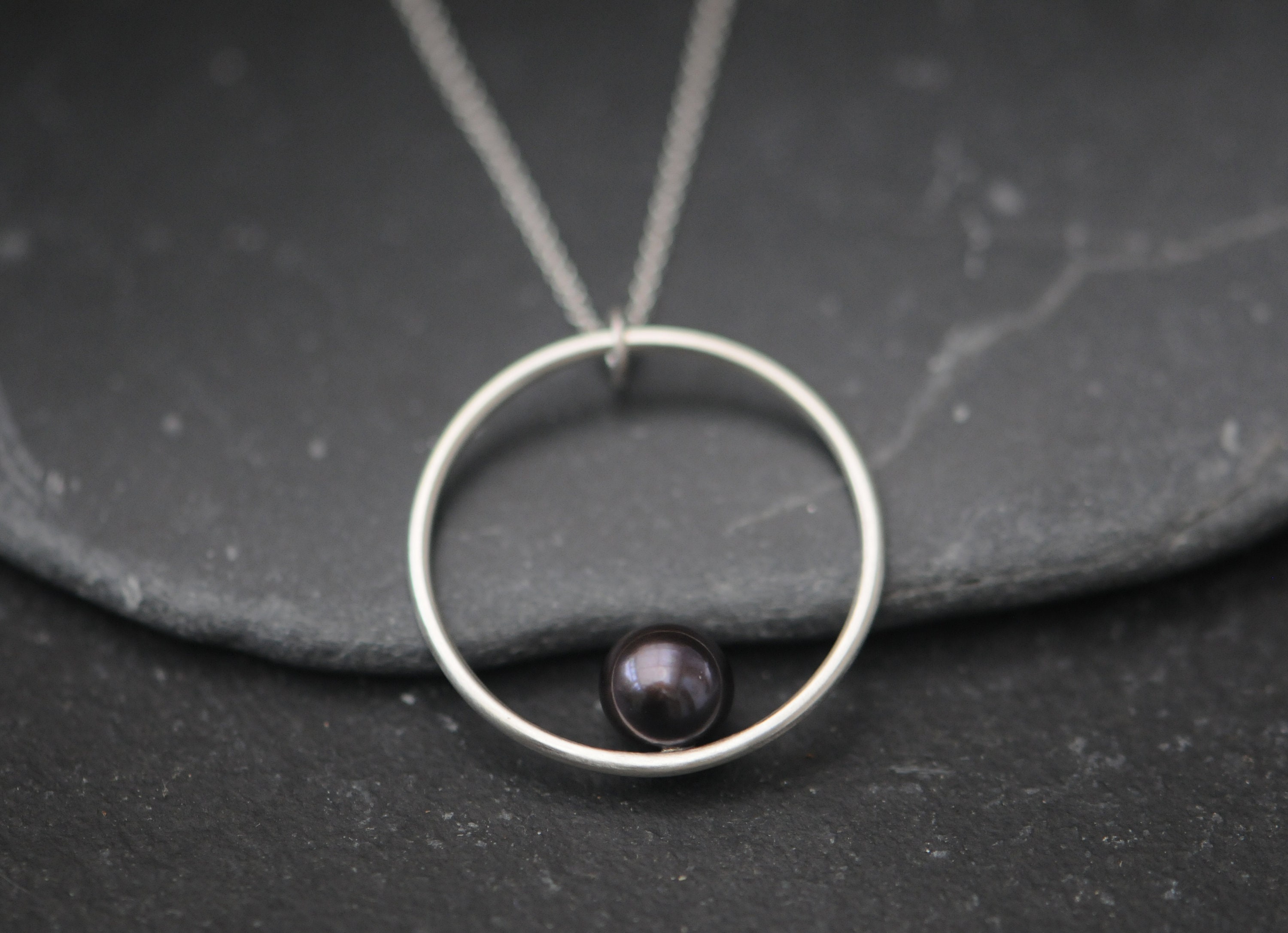 Black Pearl Hoop Necklace In Silver, Gift For Her Pearl Pendant