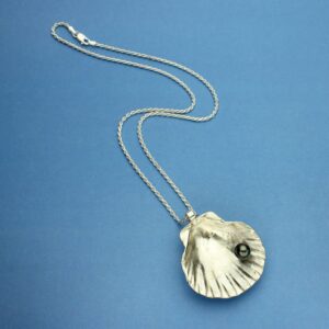 Black Pearl Necklace, Silver Black Tahitian Pearl In A Sea Shell Pendant, Solid Sterling Silver, Lost Wax Casting