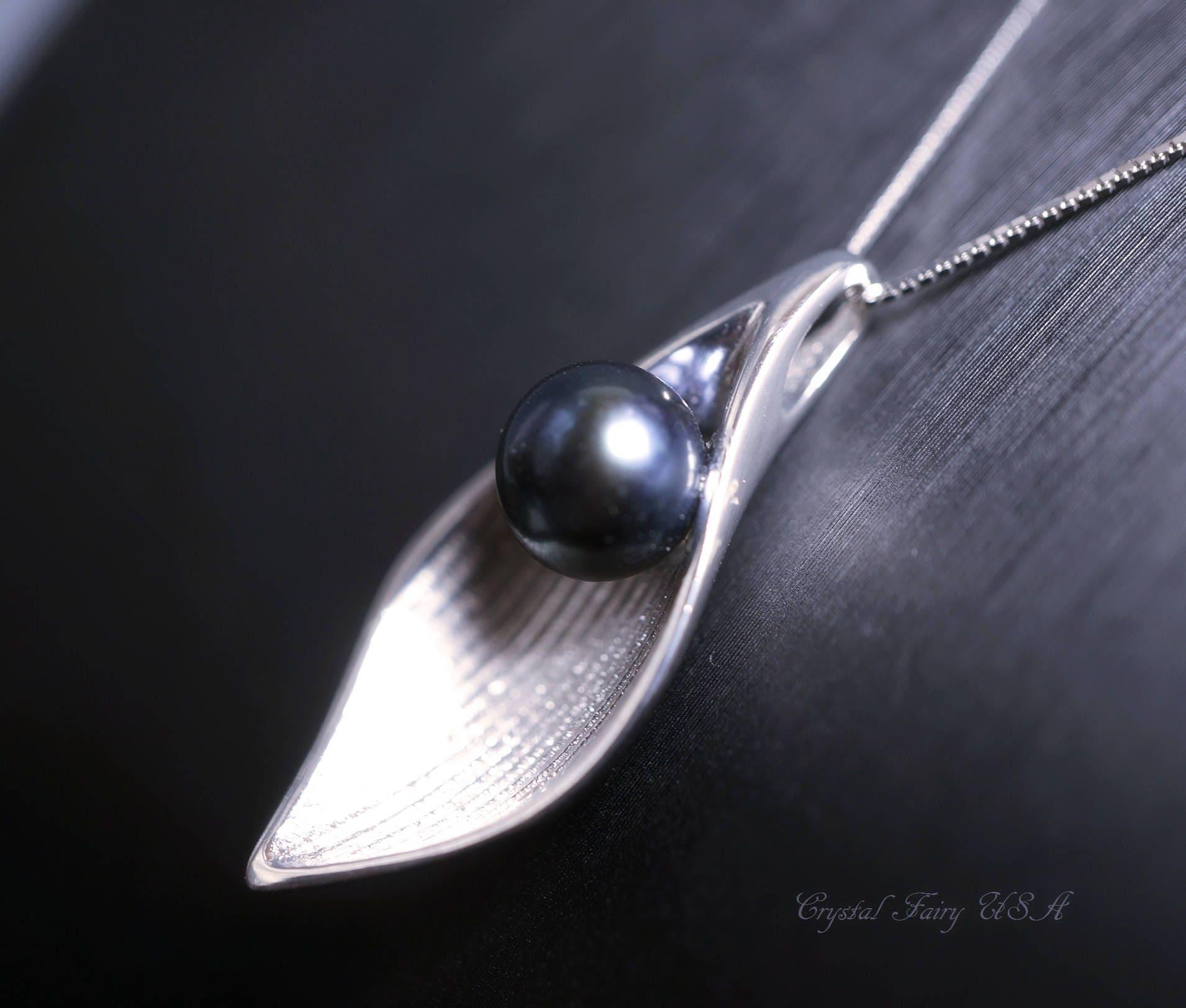 Black Pearl Necklace Sterling Silver - Delicate Datiny Leaf Pendant, Artist Design Style Black Pearl Jewelry 1045 Black Pearl Necklace Sterling Silver - Delicate Datiny Leaf Pendant, Artist Design Style Black Pearl Jewelry 1045