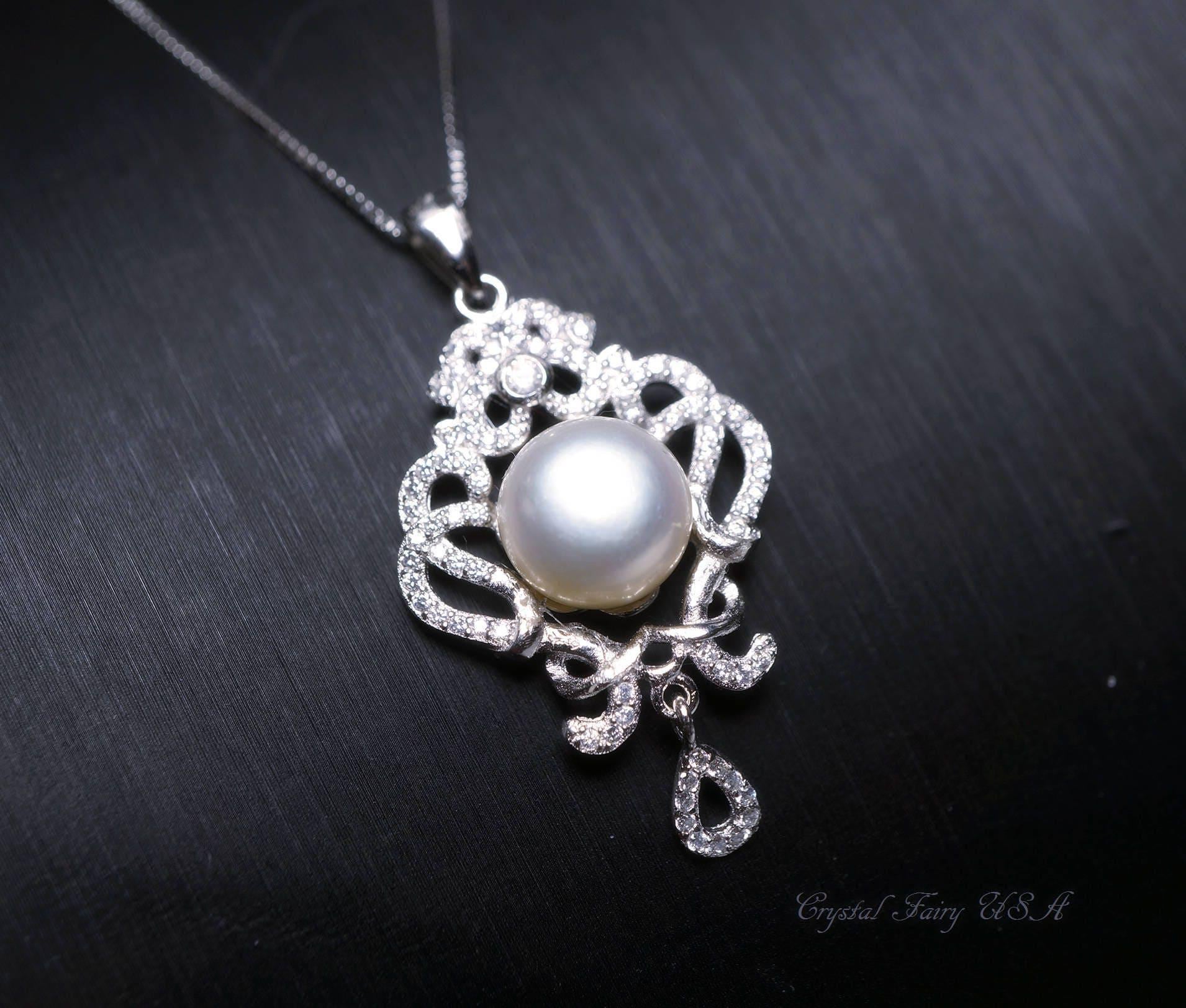 Bridal Genuine Pearl Necklace - 18kgp @ Sterling Silver - Natural Freshwater Gemstone Tassel White Pearl Pendant Jewelry #706 Bridal Genuine Pearl Necklace - 18kgp @ Sterling Silver - Natural Freshwater Gemstone Tassel White Pearl Pendant Jewelry #706