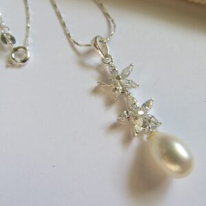 CZ Flower Sterling Silver Necklace, Freshwater Pearl Pendant, Bridal Jewelry