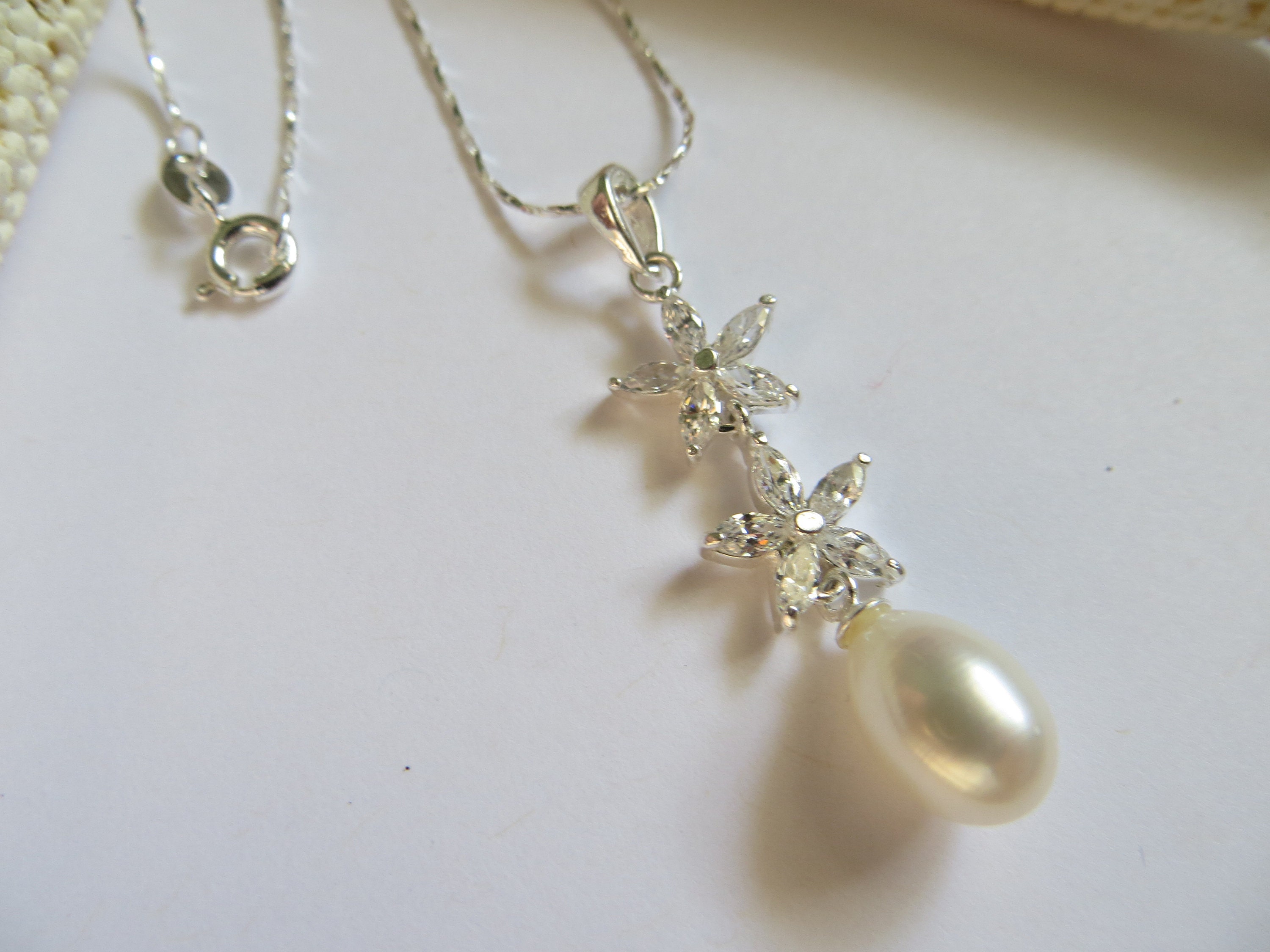 Cz Flower Sterling Silver Necklace, Freshwater Pearl Pendant, Bridal Jewelry Cz Flower Sterling Silver Necklace, Freshwater Pearl Pendant, Bridal Jewelry