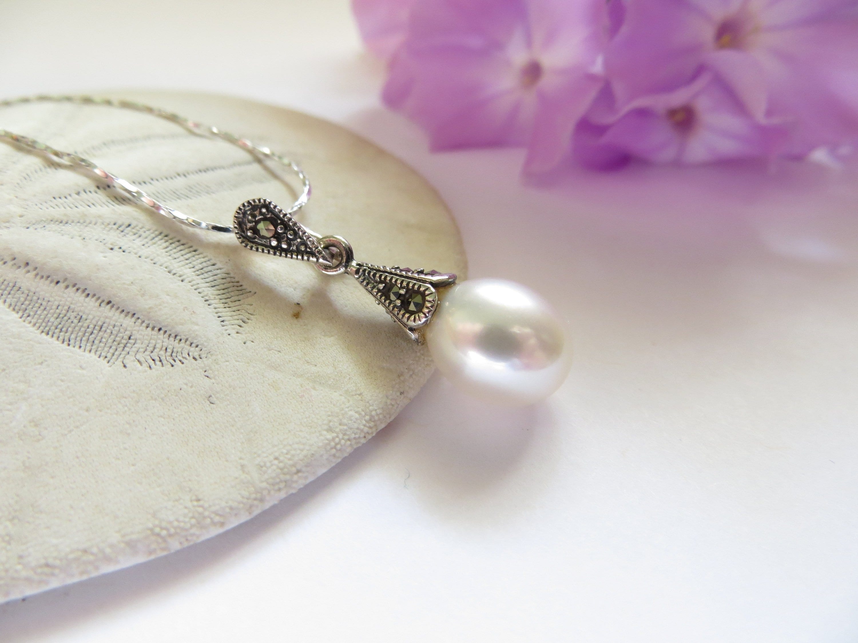 Freshwater Pearl Necklace, Marcasite Sterling Silver Pendant