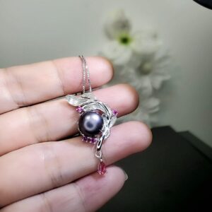 Genuine Black Pearl Necklace - 18kgp @ Sterling Silver Feather Necklace - Leaf Pendant Natural Black Pearl Jewelry 1084