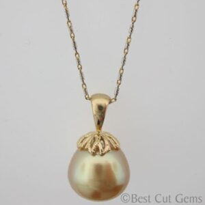 Golden South Sea Pearl Necklace, Natural Gold Color Pearl 14kt Pendant, 14kt Two Tone, White, Yellow Gold 18 Inch Fancy Link Chain
