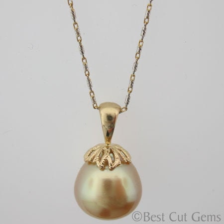 Golden South Sea Pearl Necklace, Natural Gold Color Pearl 14kt Pendant, 14kt Two Tone, White, Yellow Gold 18 Inch Fancy Link Chain