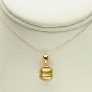 Golden South Sea Pearl Necklace, Natural Gold Color Pearl, 14kt Yellow Gold Pendant, Adjustable Rope Chain, 16, 17, 18 Inch