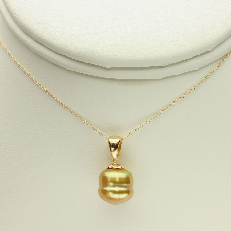 Golden South Sea Pearl Necklace, Natural Gold Color Pearl, 14kt Yellow Gold Pendant, Adjustable Rope Chain, 16, 17, 18 Inch