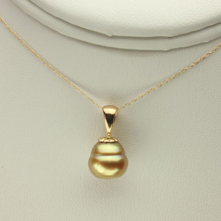 Golden South Sea Pearl Necklace, Natural Gold Color Pearl, 14kt Yellow Gold Pendant, Adjustable Gold Rope Chain, 16, 17, 18 Inch