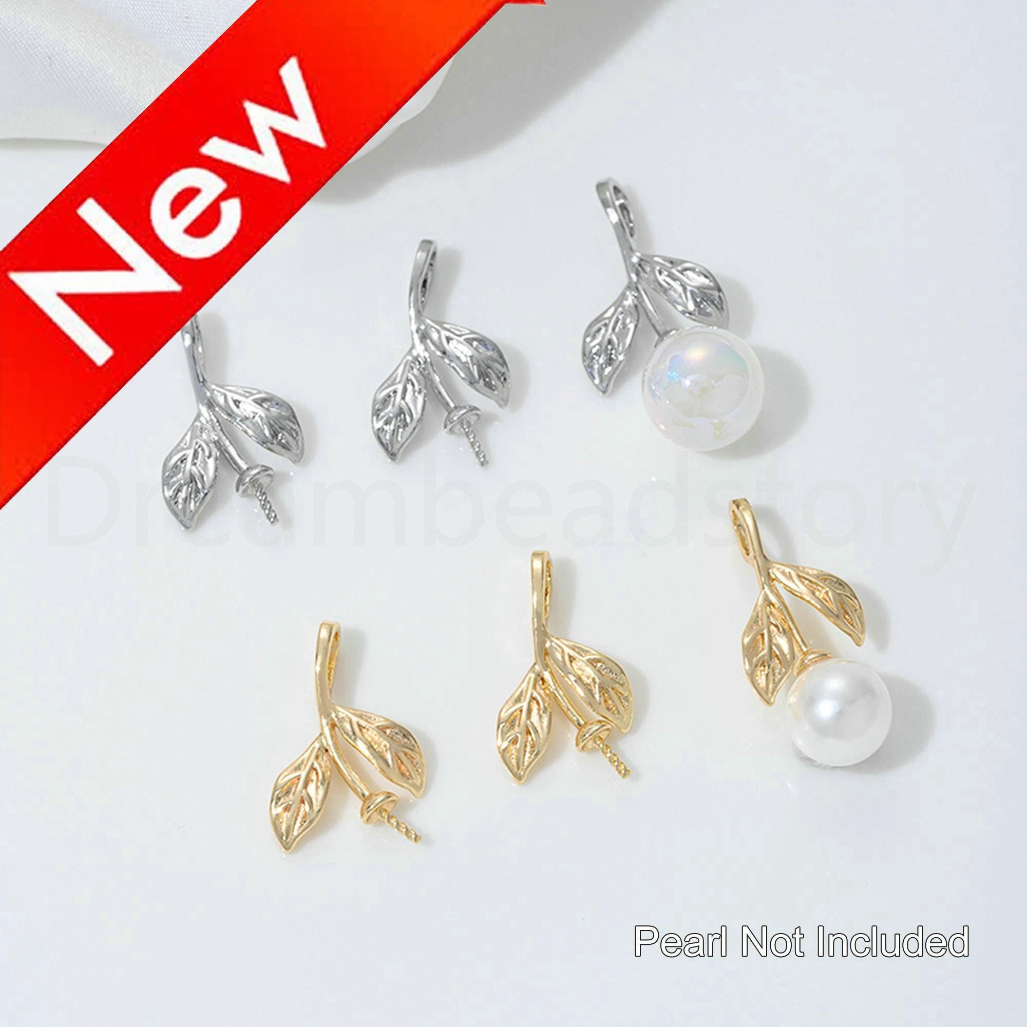Half Drilled Pearl Bail With Peg, Leaf Shape Charm Pendant Setting, 14k Real Gold/ White Gold Plated Brass Pendant Base For Jewelry Making