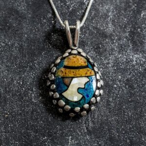 Lady Necklace, Mosaic Pendant, Vintage Pendant, Natural Shell Pearl, Antique Necklace, Large Oval Pendant, Colorful Necklace, Solid Silver