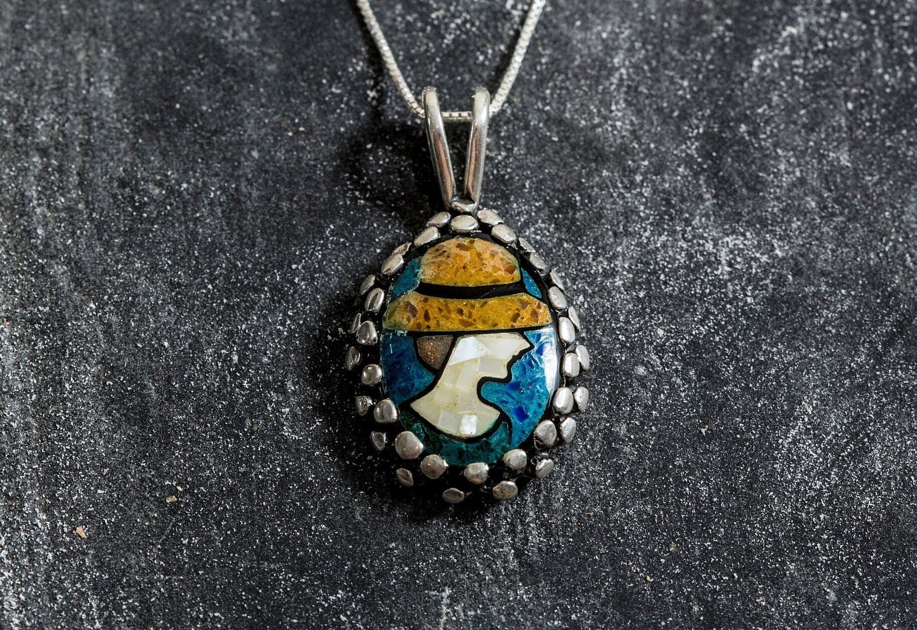 Lady Necklace, Mosaic Pendant, Vintage Pendant, Natural Shell Pearl, Antique Necklace, Large Oval Pendant, Colorful Necklace, Solid Silver