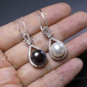 Large Genuine Pearl Necklace, Bridal Wedding High Quality 925 Sterling Silver Black Pearl Jewelry, Lute Musical Instrument Pendant 1085