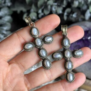 Large Statement TIBETIAN Silver white freshwater pearl cross pendant , Crystal Costume Jewelry