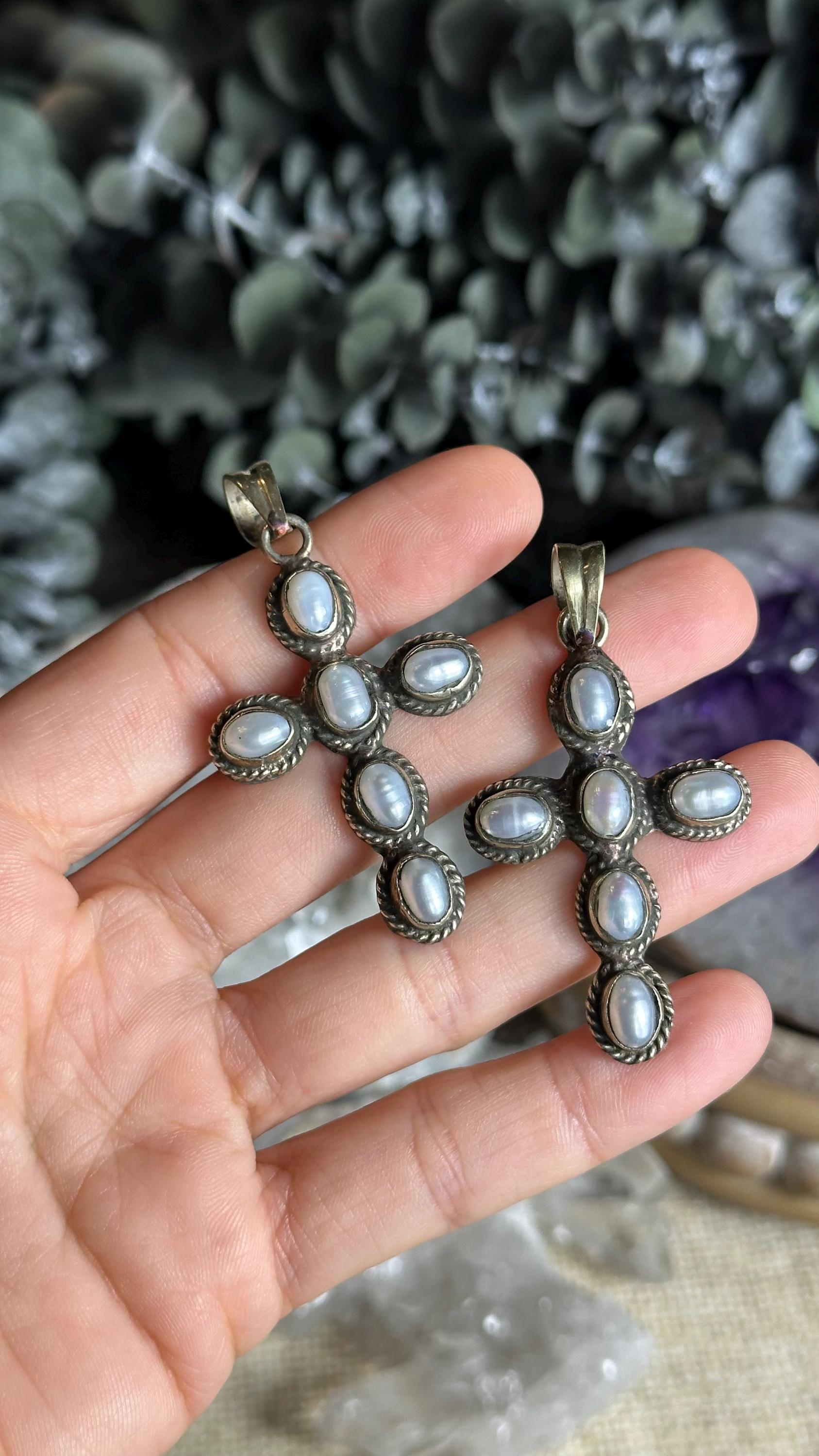 Large Statement Tibetian Silver White Freshwater Pearl Cross Pendant , Crystal Costume Jewelry