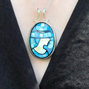 Mosaic Pendant, Natural Pearl Shell, Lady Cameo Necklace, June Birthstone, Blue Bezel Pendant, Vintage Pearl Necklace, Rare By Adina