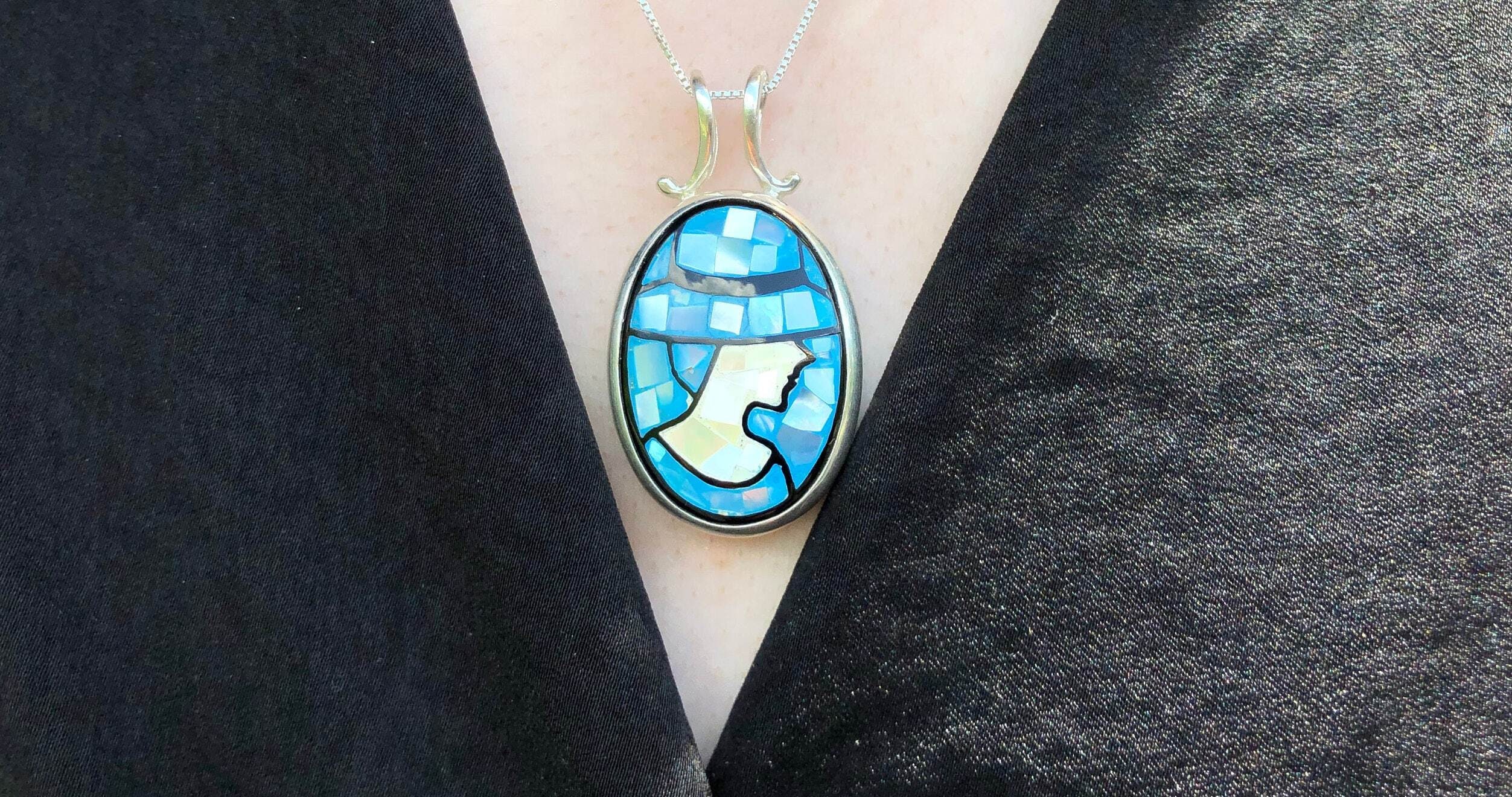 Mosaic Pendant, Natural Pearl Shell, Lady Cameo Necklace, June Birthstone, Blue Bezel Pendant, Vintage Pearl Necklace, Rare By Adina