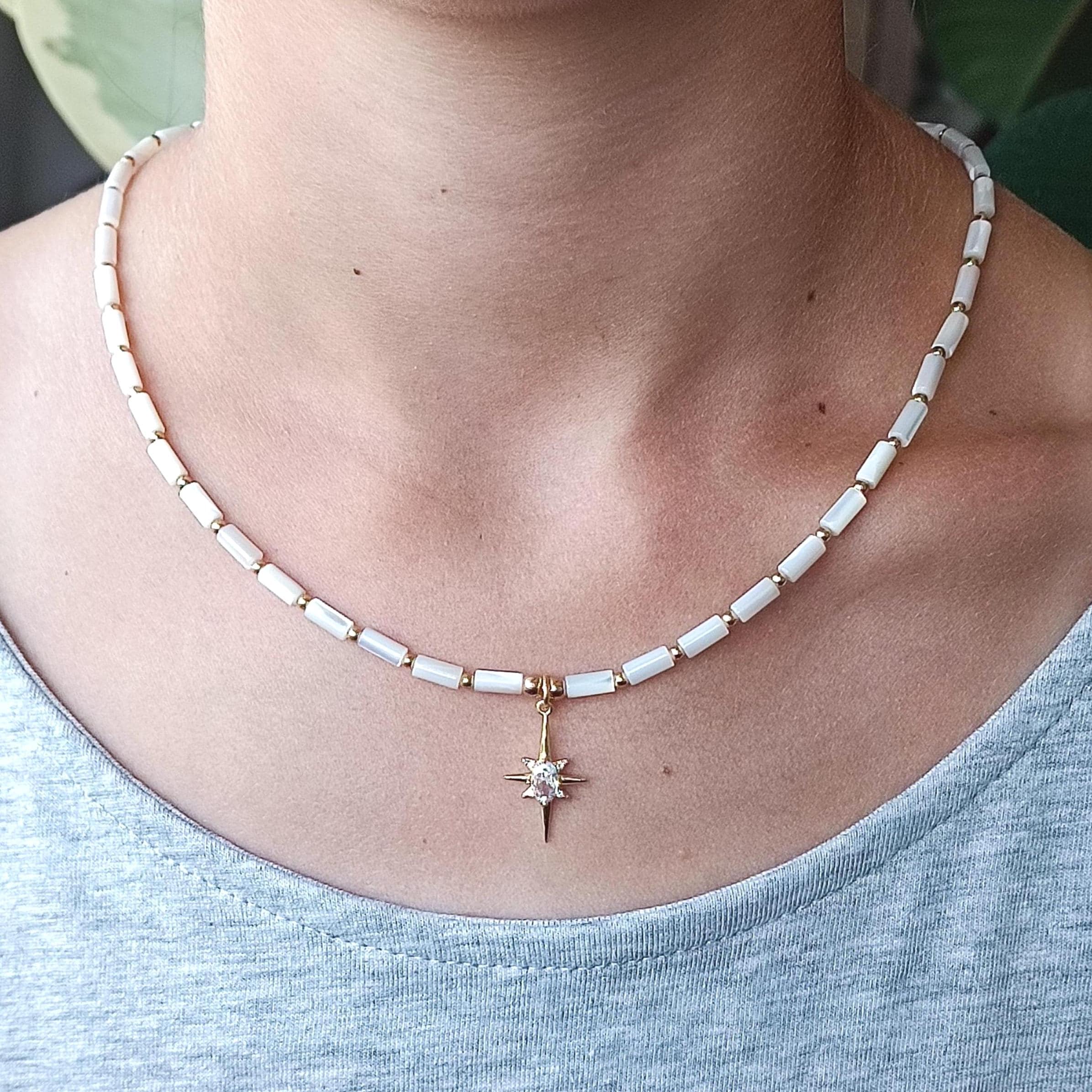 Mother-of-pearl Necklace With North Star Pendant, Christmas Jewelry Mother-of-pearl Necklace With North Star Pendant, Christmas Jewelry
