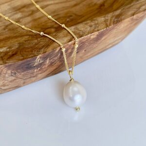 Pearl Necklace, June Birthstone, White Freshwater Pearl Drop Pendant in Gold or Silver, Satellite Chain Layering Pearl Necklace Gift for her